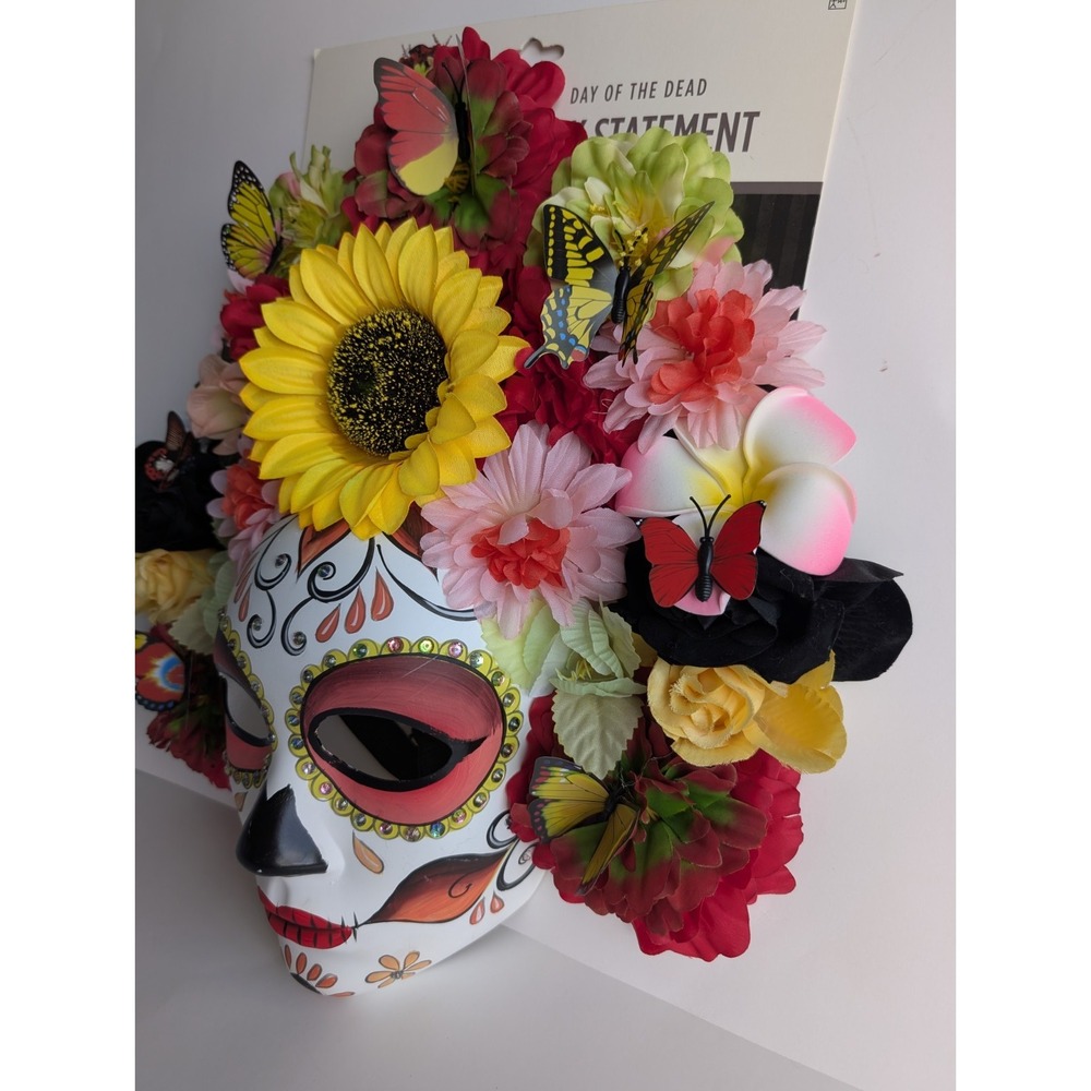 Day of the Dead Face Mask Floral Headband Molded Hard Plastic - Picture 4 of 13